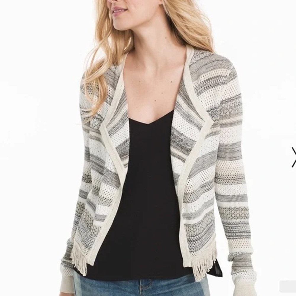 WHBM White Gray Striped Mix Stitch Open Jacket Gold Metallic Threading